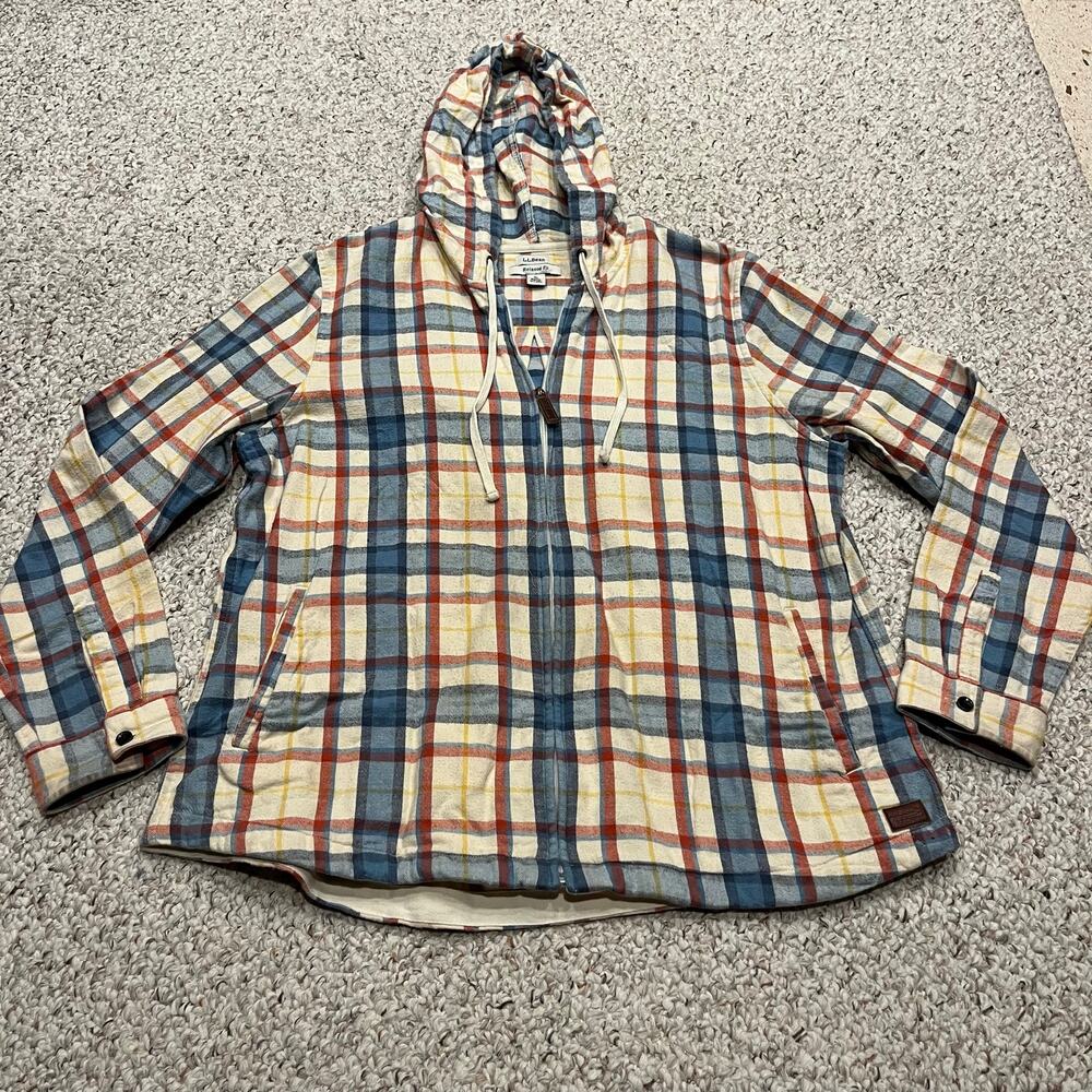 LL Bean Scotch Plaid Flannel Shirt Relaxed Zip Hoodie L Preppy Outdoor Cozy